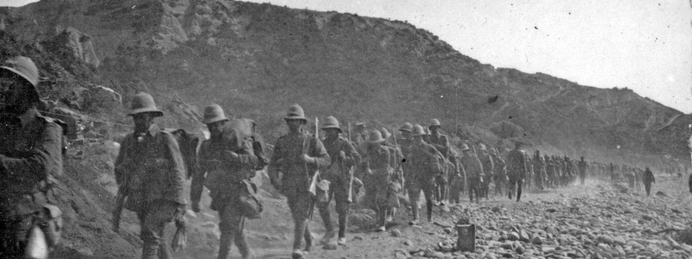 British soldiers at Anzac Cove marching along North Beach.